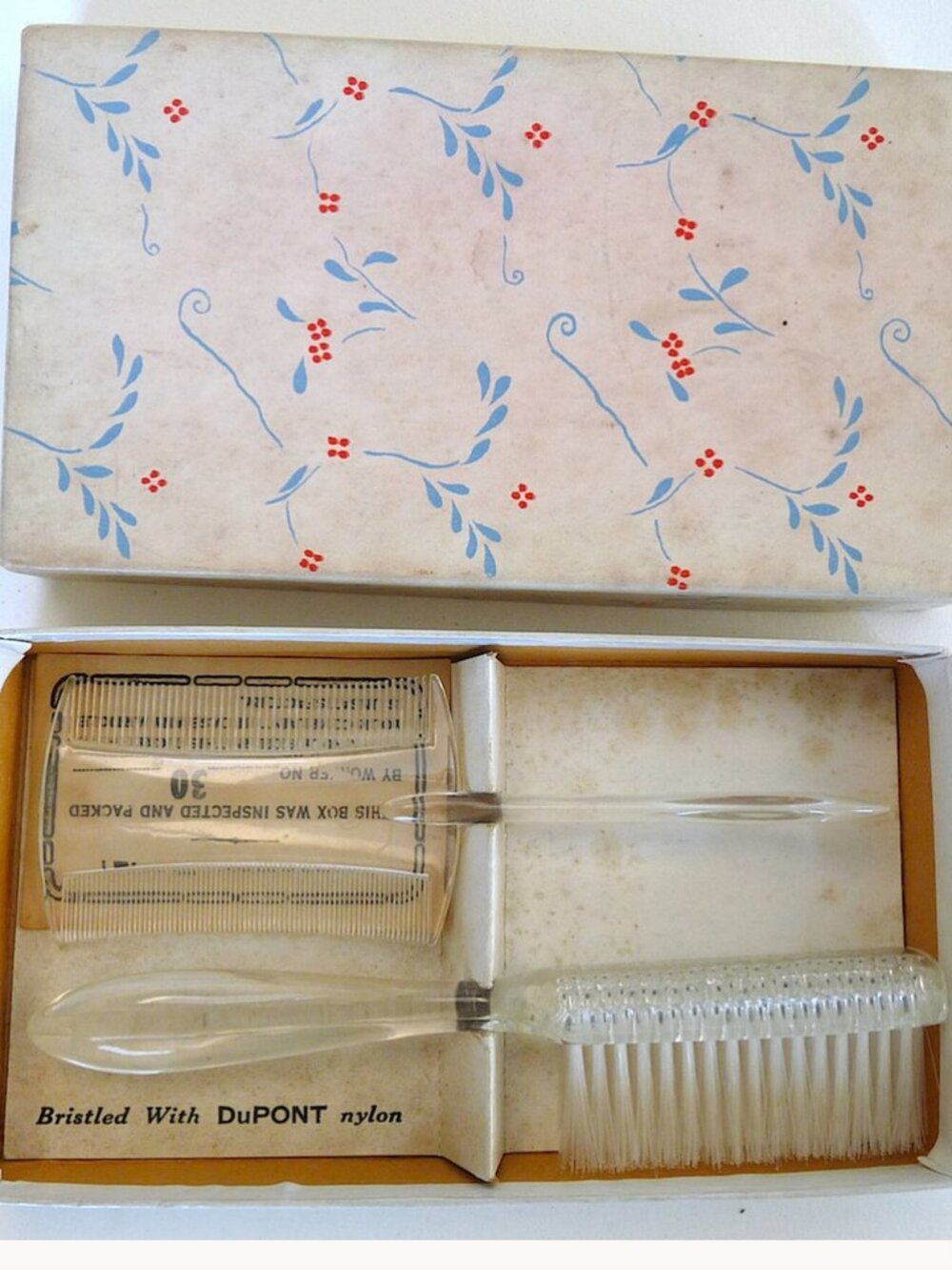 Vintage baby gift vanity set hair brush comb advertising DuPont nylon 1940's